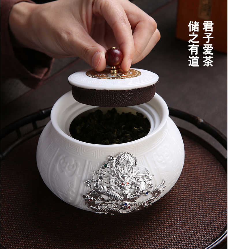 Recreational product silver dragon ceramic seal pot pu 'er tea jar small tea bucket of household packaging gift box POTS