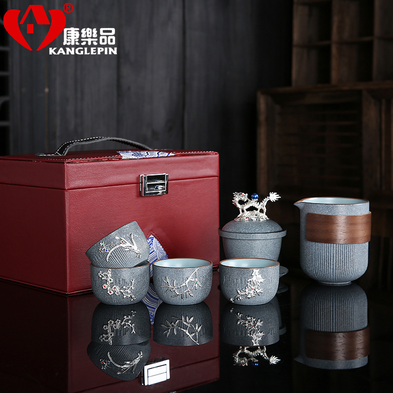 Recreation quality marble crack cup a pot of a complete set of kung fu tea set four cups with silver Japanese ceramics portable tea