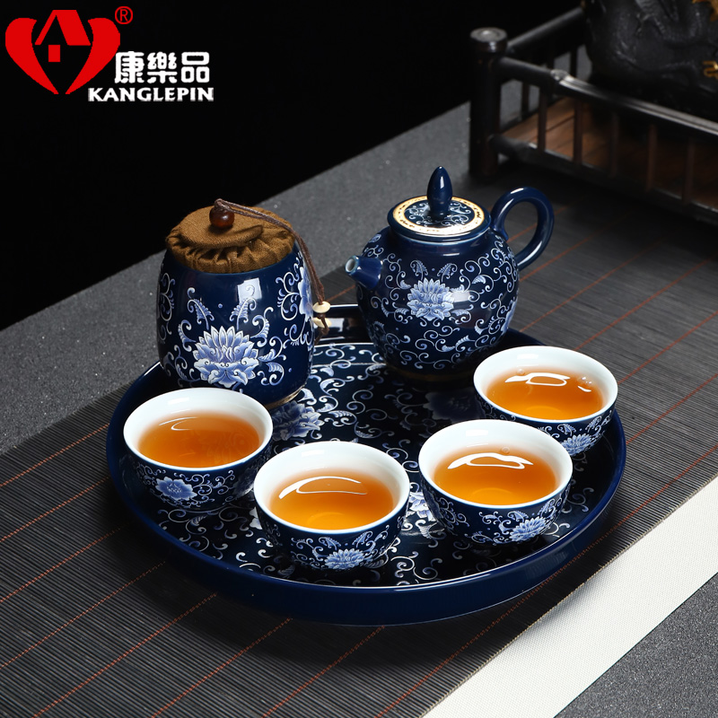 Recreation travel product blue - and - white kung fu tea set mini four cup teapot receives a pot of jingdezhen ceramic tea tray