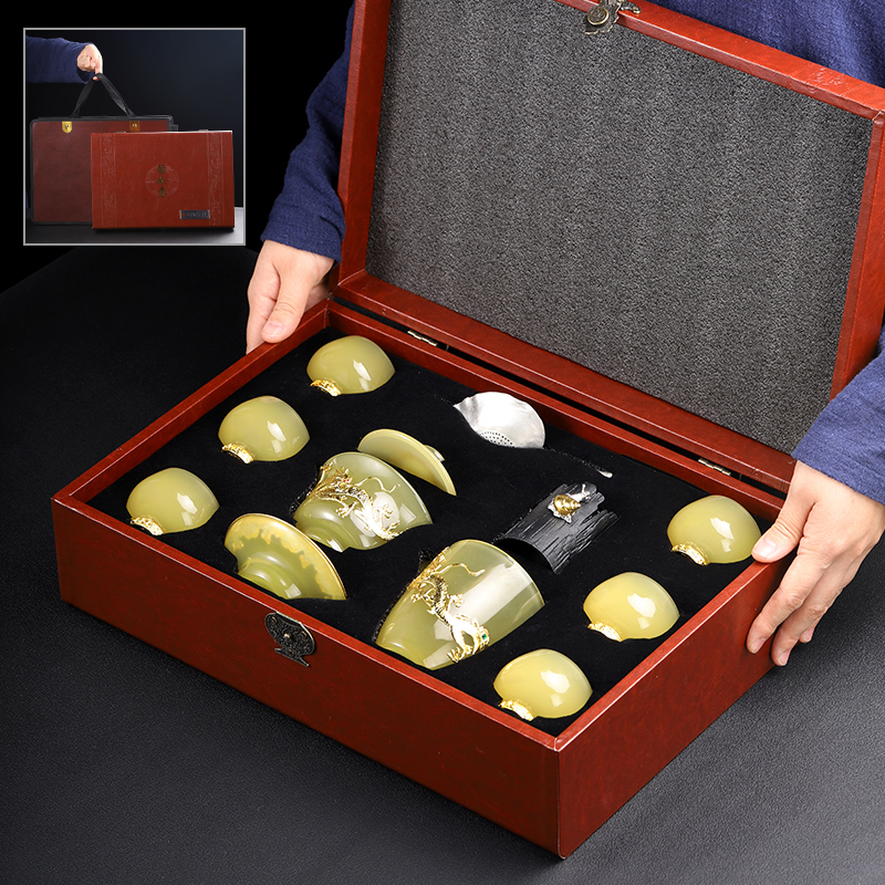 Recreational product set Jin Xianglong coloured glaze jade porcelain kung fu tea set emperor huang gai bowl of tea cup home a whole set of gift boxes