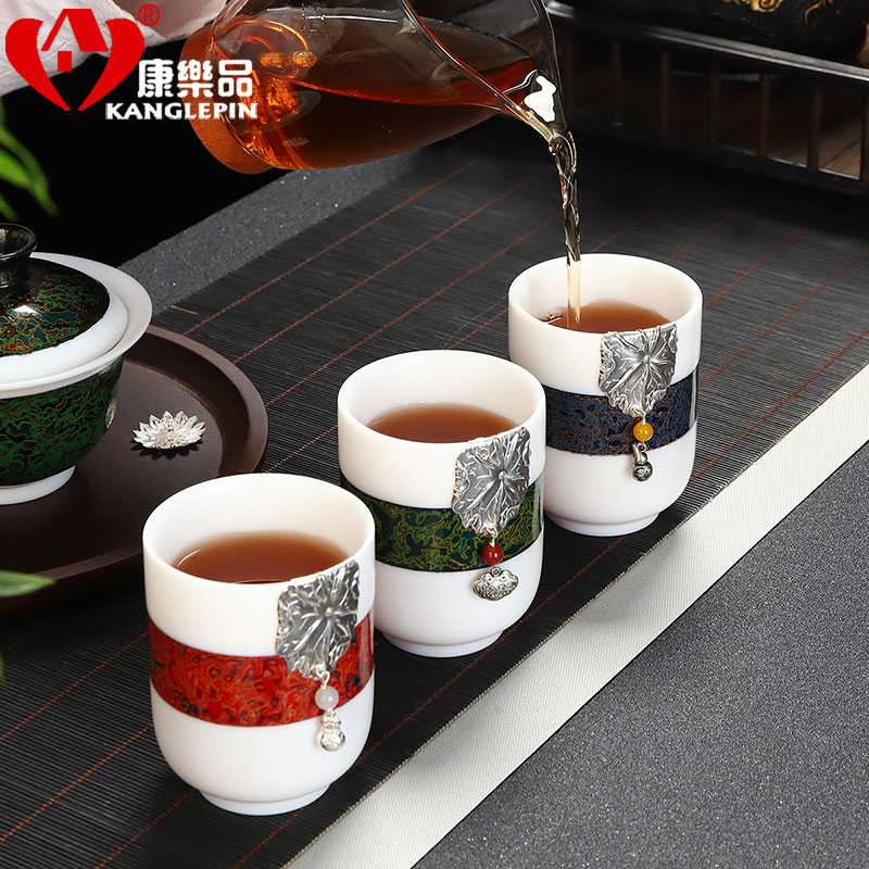 Recreational taste Chinese lacquer tea set with silver 999 dehua white porcelain cups suet jade pure manual master cup Chinese ceramics