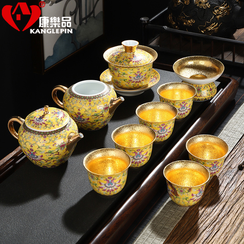 Recreational product gold colored enamel ceramic cups tea set a complete set of kung fu office gold box lid bowl