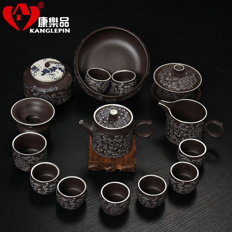 Recreational product office yixing purple sand kung fu tea set the whole household ceramics silver cup teapot restoring ancient ways