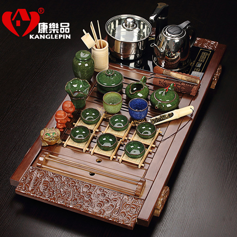 Recreational product four unity ice to crack a complete set of ceramic tea set solid wood tea tray electromagnetism kung fu tea set