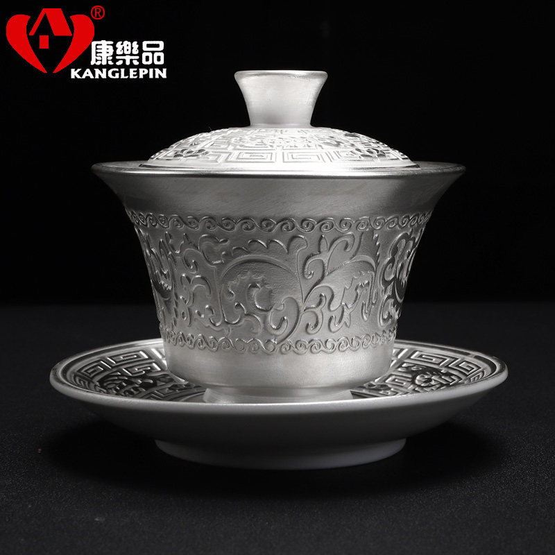 Silver buckle Porcelain liner Sterling silver 999 totem cover bowl Tea cup Handicraft silver tea bowl Kung Fu tea single cup tea cup