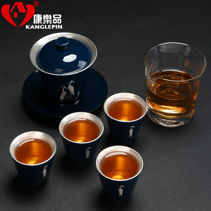Recreation quality 999 sterling silver tea tureen glass ceramic cups Chinese style household fair keller tea set