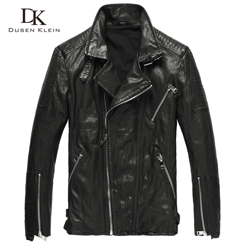 Men's leather leather Sheepskin Motorcycle leather jacket Men's Korean fashion Trendsetter slim leather oblique zipper