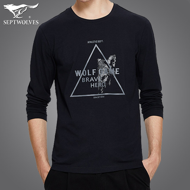 Septwolves long-sleeved T-shirt 2024 spring new men's printed round neck casual soft t-shirt bottoming shirt for men