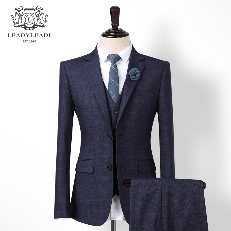 Men's suit suit Male thick professional formal middle-aged business suit Korean version of blue plaid handsome casual