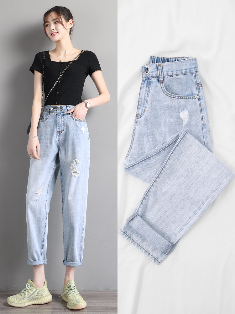Light-colored ripped jeans women's summer loose autumn 2021 thin new thin high-waisted daddy women's pants