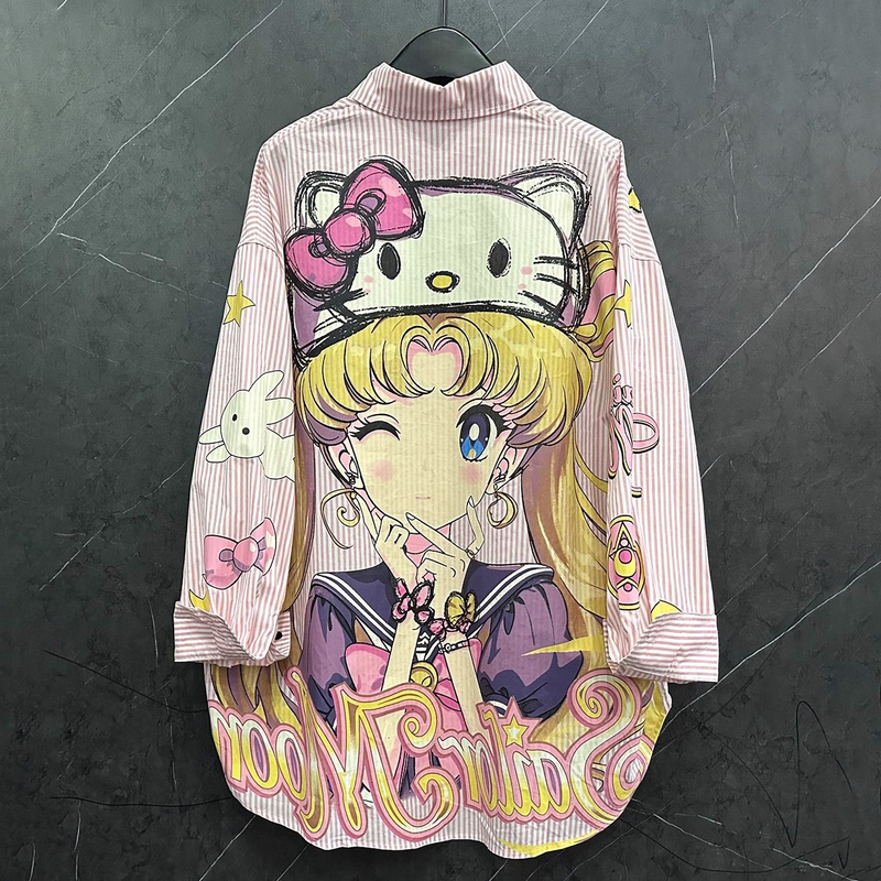 1.0-150kg Plus-Size Heavy-Duty Cartoon-Style Beautiful Girl Spring/Summer Striped Long-Sleeve Shirt, Loose Mid-Length Top
