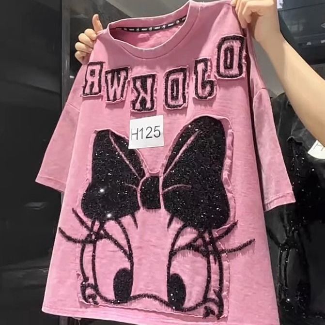 Plus Size 1.0-150kg Extra Large Heavy-Duty Short-Sleeve T-Shirt for Women, Loose Fit, Oversized Cartoon Design, High-End Stylish Patchwork Top