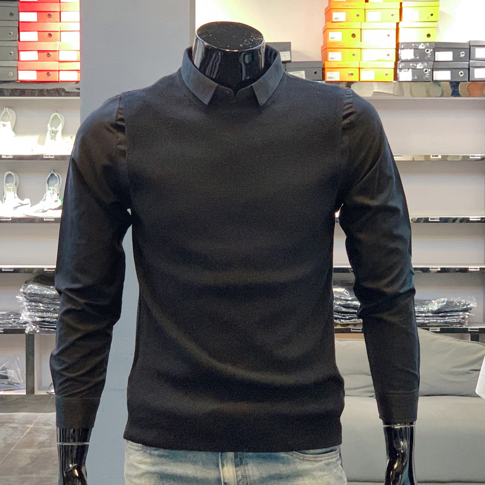 Autumn Winter New Fashion Shirt Collar Fake 2 Pieces Knitwear Men's Body Casual Korean Version Long Sleeve Sweater Undershirt Man-Taobao