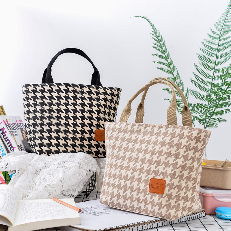 Houndstooth bento bag Lunch bag Round convenient as a handbag with a lunch box Hand carry walking bag Women's canvas