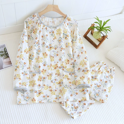 Весенняя хлопковая пижама, лонгслив, штаны, цветочный принт, круглый воротник