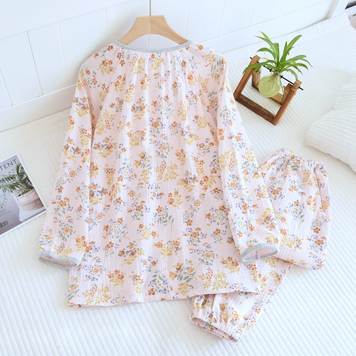 Весенняя хлопковая пижама, лонгслив, штаны, цветочный принт, круглый воротник