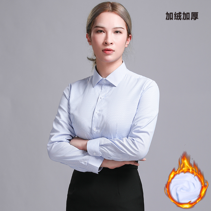 Cộng với nhung màu xanh áo sơ mi sọc womens dài tay mùa đông chuyên nghiệp bông mới áo sơ mi trắng dày lót ấm.