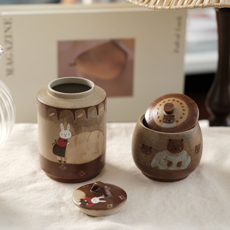 10%OFF】レトロなくまとうさぎの陶器収納ジャー / 茶筒・キャンディ