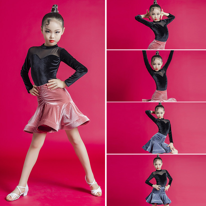 Latin dance clothes girls autumn and winter two-piece suits dance practice clothes children's regulations competition performance verification examination professional