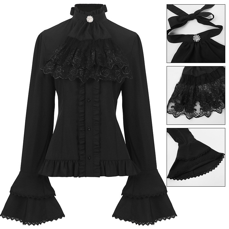 Medieval Performance Clothing Women's Pleated Shirt Steampunk Top Inner Wear Halloween Waist-Cinching Lace Long Sleeves Medieval Performance Clothing Women's Pleated Shirt Steampunk Top Inner Wear Halloween Waist-Cinching Lace Long Sleeves