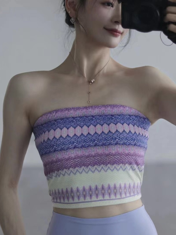 New Bohemian Ethnic Style Xinjiang and Tibet Travel Outfit Yunnan High-Elastic Yoga Sports Tube Top with Chest Pads