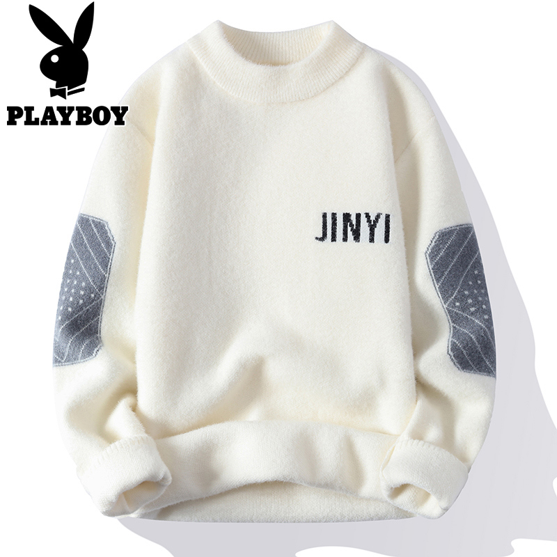 Playboy Mink Velvet Half-Turtleneck Sweater for Men, Autumn and Winter Trendy Youth Knitwear, Spring and Autumn Fleece-Lined and Thickened