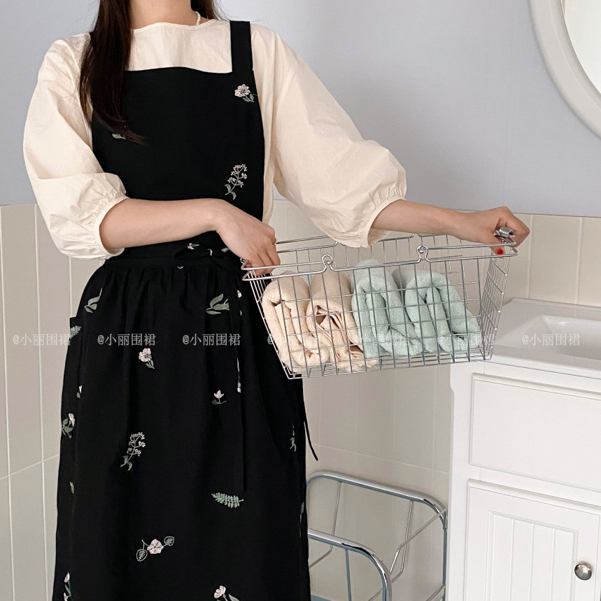 Korean ins net red Jiang Yan with waterproof coating embroidery pleated apron home floral retro cotton linen breathable