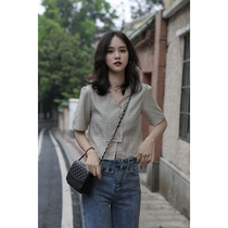  2020 summer new V-neck Hong Kong style retro short plaid shirt womens short thin all-match shirt plaid top