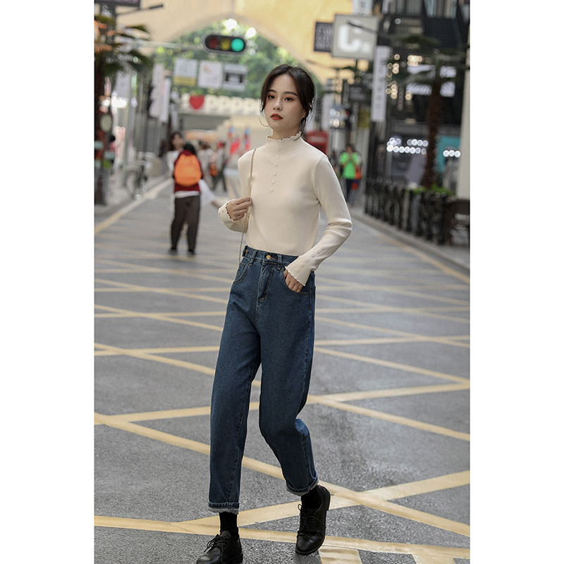 Casual loose waist letter embroidery adjustable denim pants Roll-up pants 2019 Hong Kong taste retro daddy pants for women