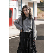  Youxiang 2020 autumn gray single-breasted POLO collar long-sleeved slim high waist short bottomed lapel cardigan women