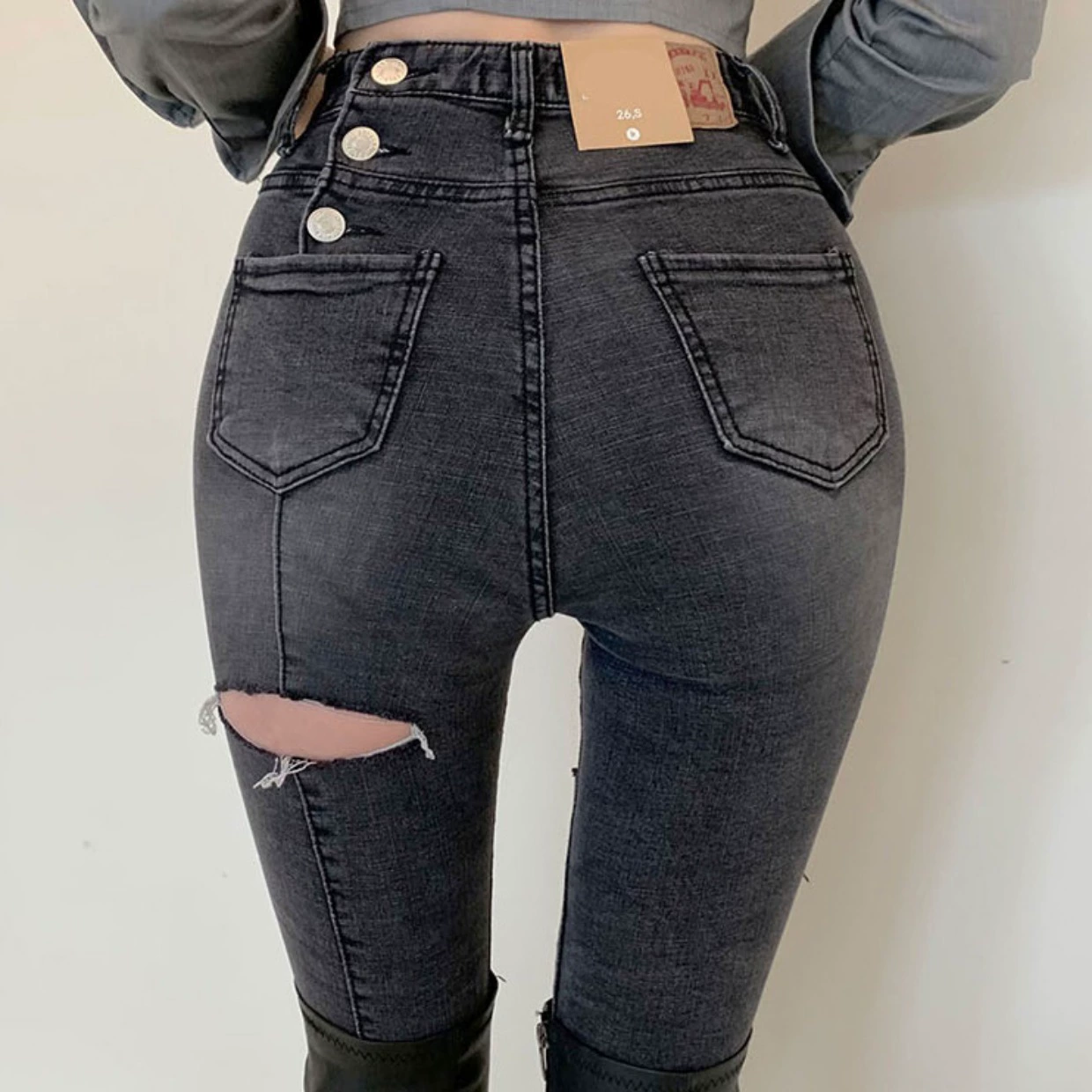 zara jeans Fashion Elastic High Waist Jeans Women's 2022 Summer Hot Sale Korean Cropped Hole Back Button Casual Pants Woman Clothes Xs Size american eagle jeans