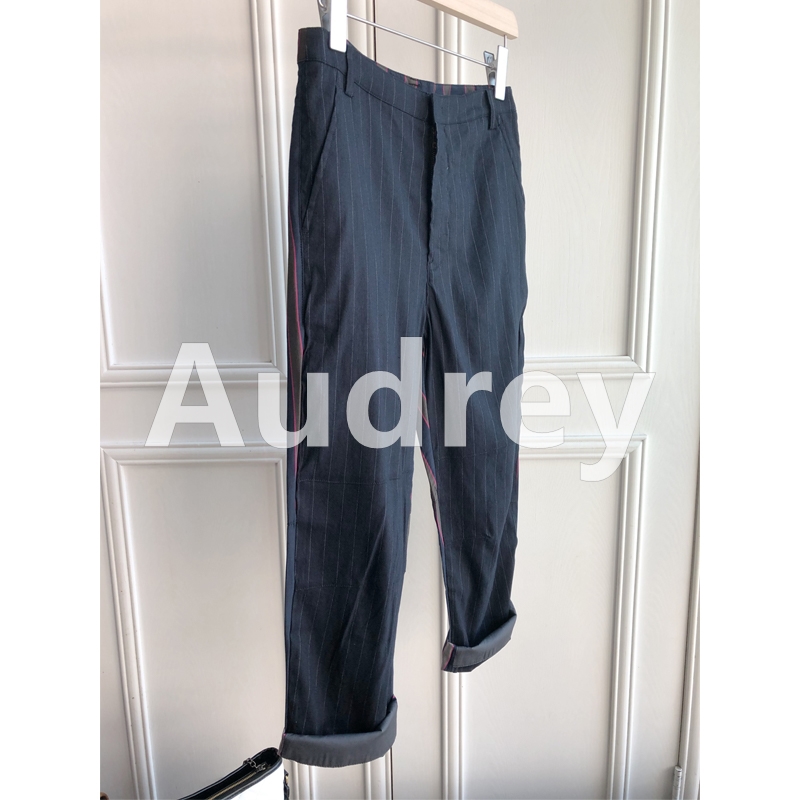 Designer Style Retro Vertical Stripe Bicolor Splicing Two Sides Different Texture Linen Genuine Silk Suit Casual Pants Slim