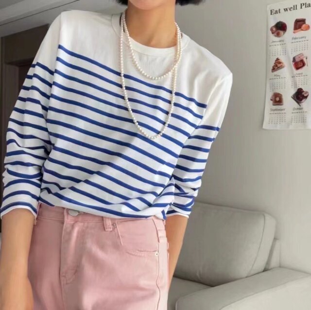 Japanese order spring product classic simple round neck positioning striped sea soul pure cotton women's T-shirt long-sleeved bottoming