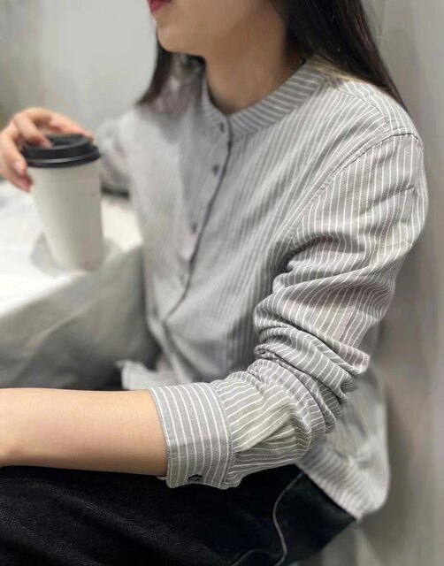 Japanese Order Spring and Autumn New Product Simple Retro Collarless Striped Double-Layer Gauze Solid Color Women's Shirt Long-Sleeved Blouse