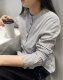 Japanese Order Spring and Autumn New Product Simple Retro Collarless Striped Double-Layer Gauze Solid Color Women's Shirt Long-Sleeved Blouse