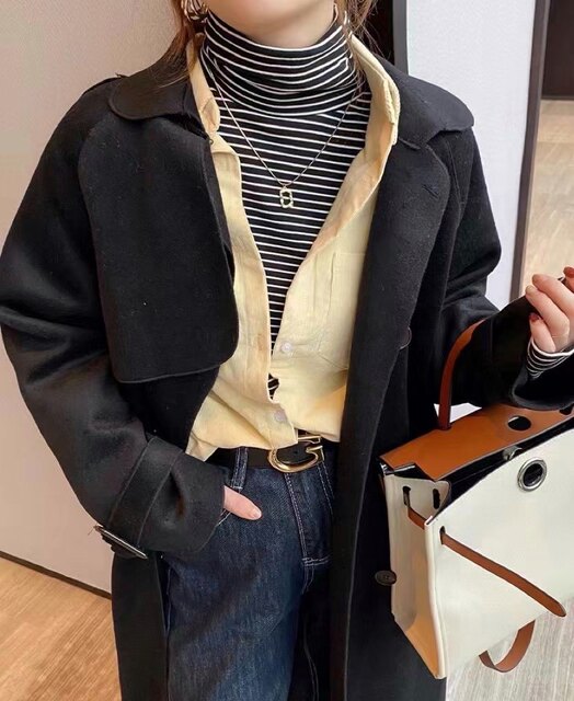 Japanese Order Autumn and Winter Simple Versatile Striped Solid Color High-Neck Slim Fit Stretchy Women's T-Shirt Base Layer