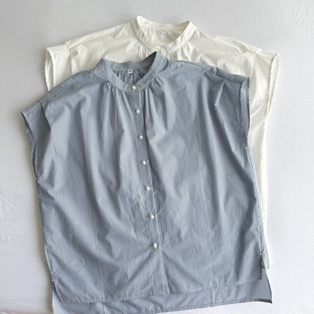 Japanese Order Spring/Summer Striped Collarless Pearl Button Pleated Loose High-Density Oxford Fabric Women's Shirt Sleeveless Blouse