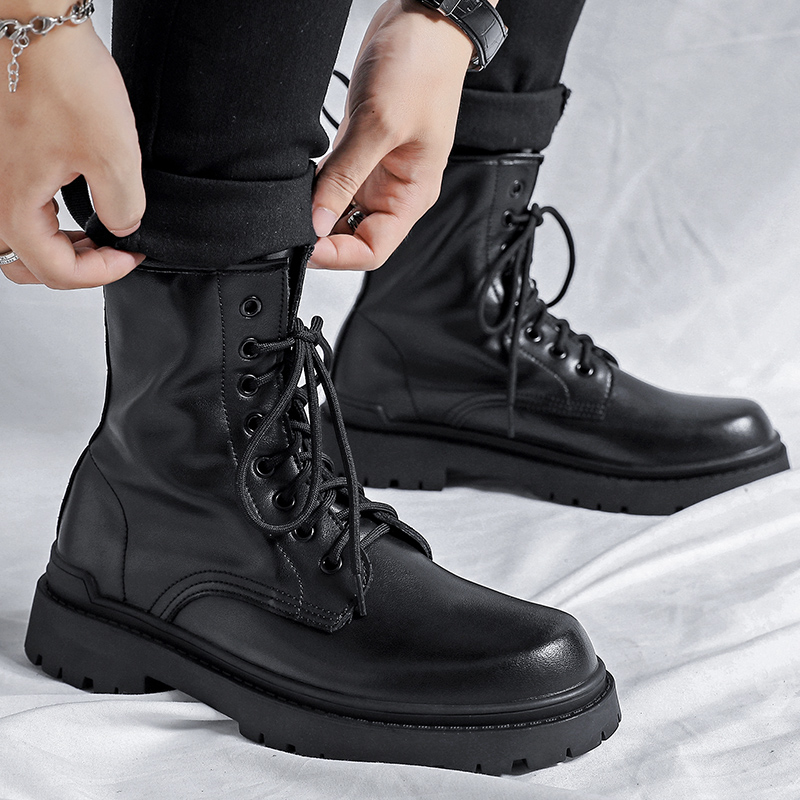 Martin boots men's British style high-top tooling leather boots men's winter plus velvet leather mid-top black trendy men's boots