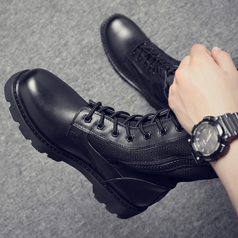 Martin boots men's summer breathable tall tooling military hook shoes men's leather tactical training leather boots men's boots
