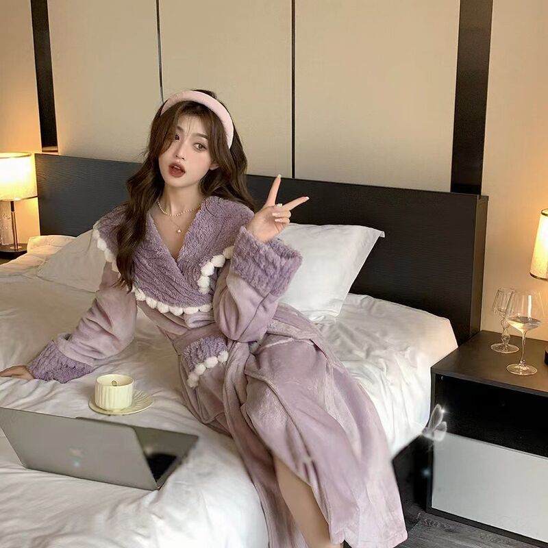 Autumn and Winter Coral Velvet Long-Sleeved Nightgown, Nightgown with Belt for Women, Elegant and High-End, Ladylike Style, Sexy Thickened Pajamas Autumn and Winter Coral Velvet Long-Sleeved Nightgown, Nightgown with Belt for Women, Elegant and High-End, Ladylike Style, Sexy Thickened Pajamas