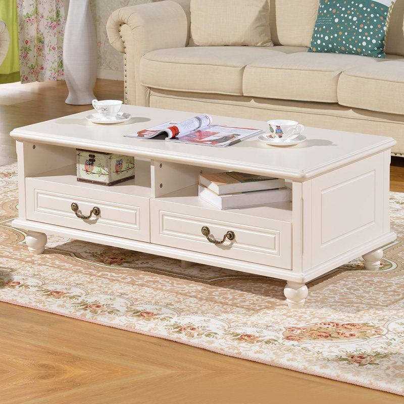 Pastoral simple coffee table living room furniture combination European style ivory white tea table solid wood drawer paint new light luxury