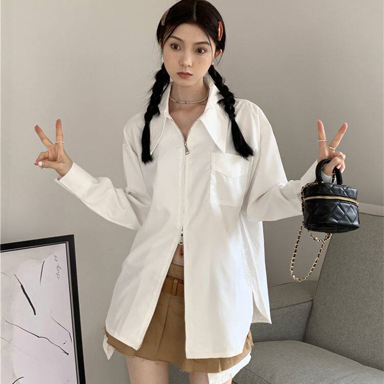 Method Zip White Long Sleeve Shirt Woman Fall Design Sensation Slim Fit Slim Fit Shirt Unique Do N't Make Blouses-Taobao