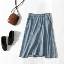 Eight washes to make a clean light blue thin a-line denim skirt skirt womens long loose