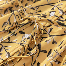 Niche buds yellow mad white 18 mm pure vertical cut high waist lace-up five-point sleeve printed long dress dress