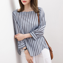 Comes with a cool feeling square collar seven-point lantern sleeve striped top Womens thin early autumn seven-point sleeve mid-sleeve Western style shirt