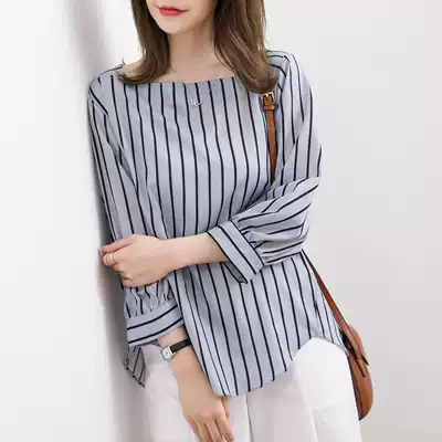 Comes with a cool sense of square collar three-point lantern sleeve striped top women's thin early autumn three-point sleeve mid-sleeve Western style shirt