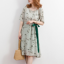 Cool bean green printed lace-up mulberry silk dress under the hot sun Nice skirt super fairy waist