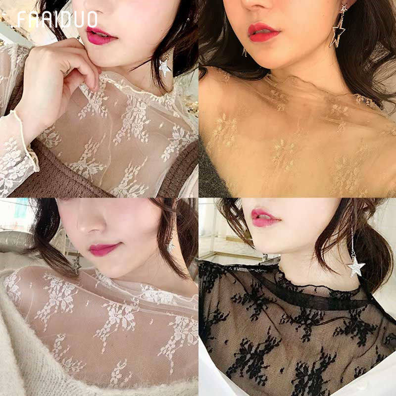 On sale Mesh clothes see-through bottoming shirt women's long-sleeved new high-neck T-shirt mesh with lace sexy top