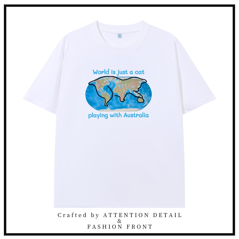 Cat Playing in Australia Creative and Fun Trendy Text Style Versatile Pure Cotton Short-Sleeve T-Shirt Base Shirt with a Sense of Design