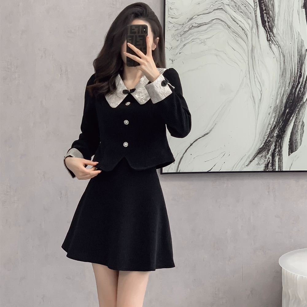 Elite black set, winter corduroy skirt, Chanel style, for teenagers, high-quality style